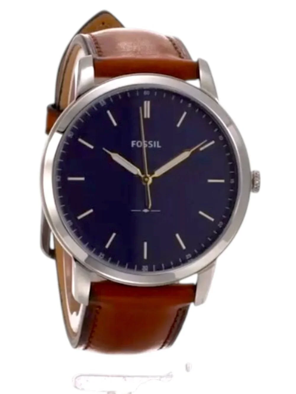Fossil Men's Minimalist Analog Watch, Brown Leather, Silver Case, Blue Face